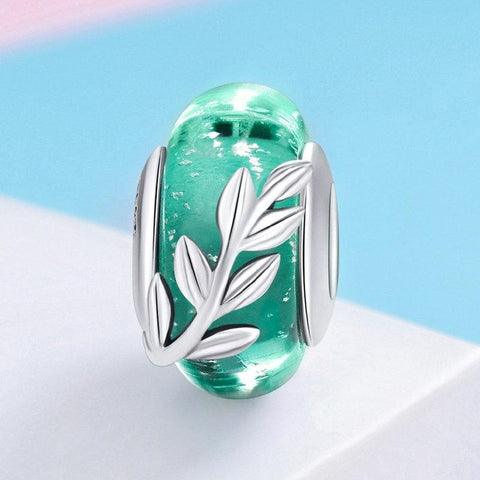 Tree Foliage Green Glass Sterling Silver Spacer Bead Charm Bracelet Necklace