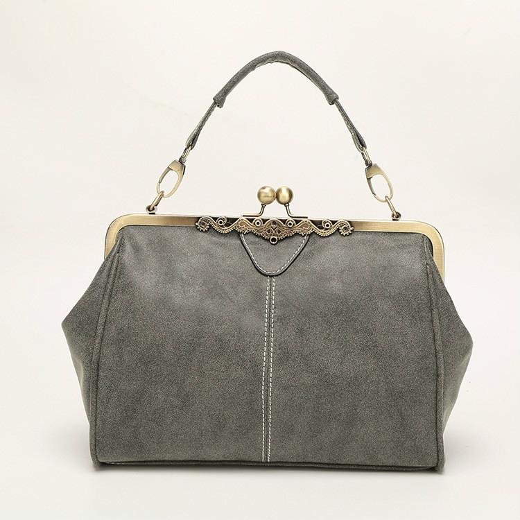 Faux PU Leather Crossbody Shoulder Bag Metal Trim Kiss Clasp Light Grey