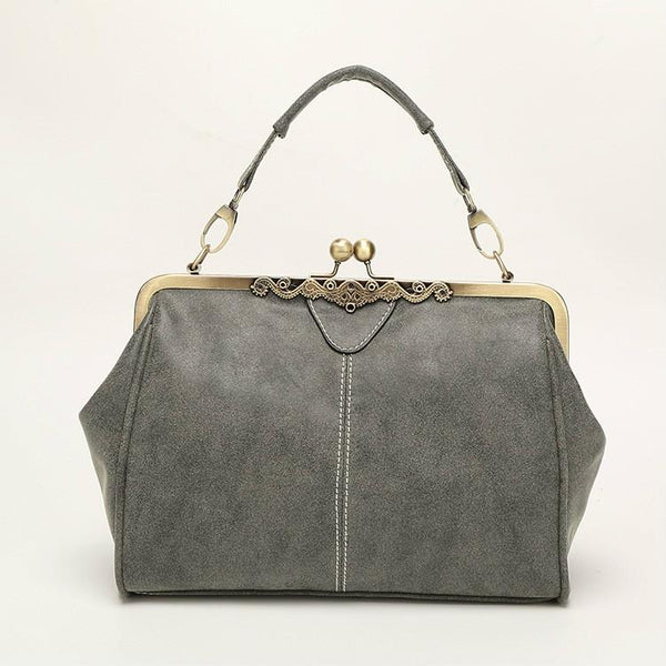Faux PU Leather Crossbody Shoulder Bag Metal Trim Kiss Clasp Light Grey