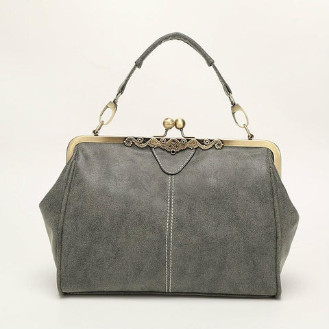 Faux PU Leather Crossbody Shoulder Bag Metal Trim Kiss Clasp Light Grey