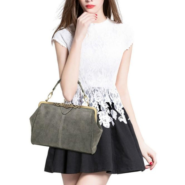 Faux PU Leather Crossbody Shoulder Bag Metal Trim Kiss Clasp Light Grey