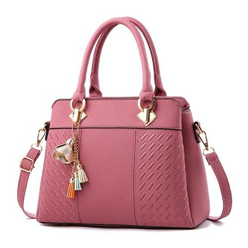 Embroidered Faux PU Leather Shoulder Crossbody Bag Tassel Charm Pink