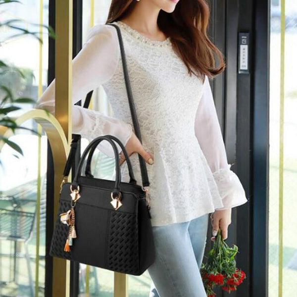 Embroidered Faux PU Leather Shoulder Crossbody Bag Tassel Charm Pink