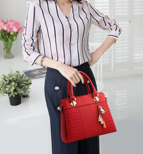Embroidered Faux PU Leather Shoulder Crossbody Bag Tassel Charm Pink