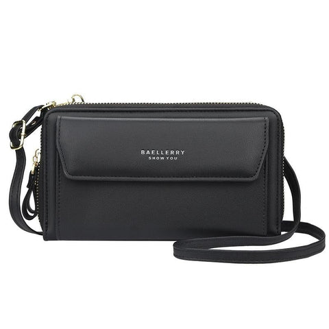 Faux PU Leather Shoulder Bag Handbag Wallet Fold Double Zip Black
