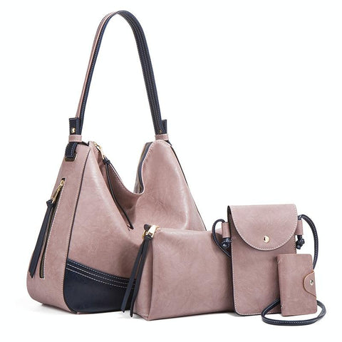 4 Pce Dual Colour Faux PU Leather Tote Shoulder Crossbody Phone Card Bag Pink