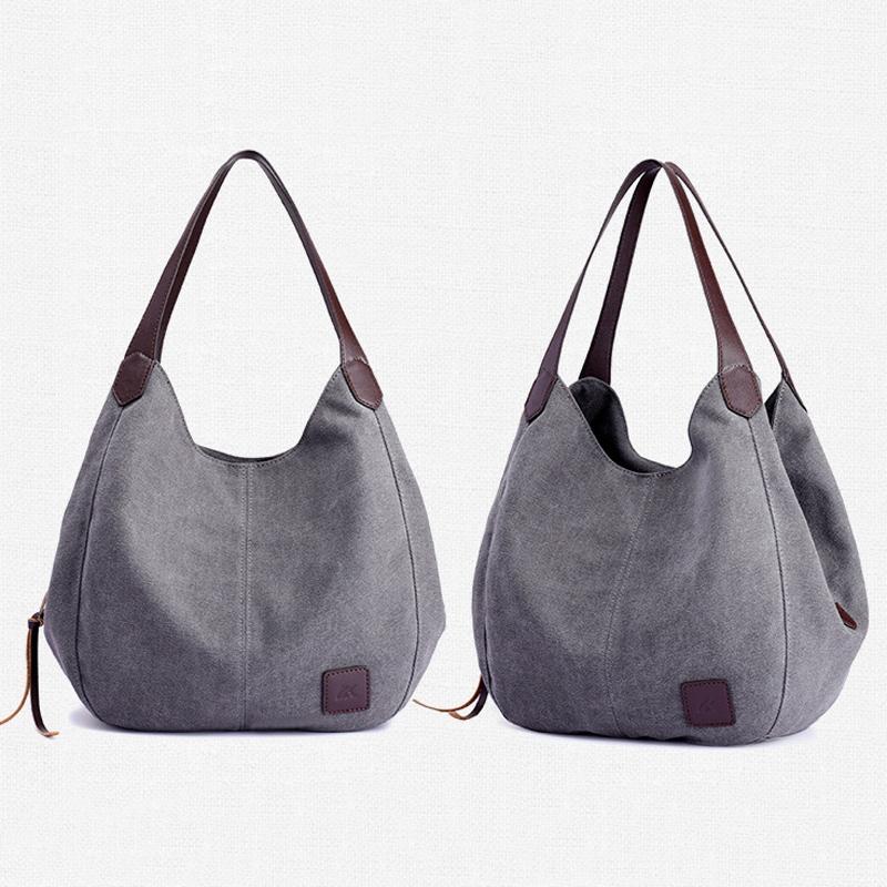 1 x Womens Casual Canvas Bucket Tote Shoulder Bag Multi Pocket Grey