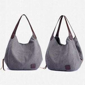 1 x Womens Casual Canvas Bucket Tote Shoulder Bag Multi Pocket Grey