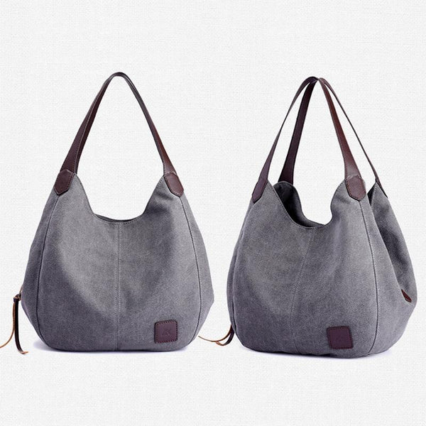 1 x Womens Casual Canvas Bucket Tote Shoulder Bag Multi Pocket Grey