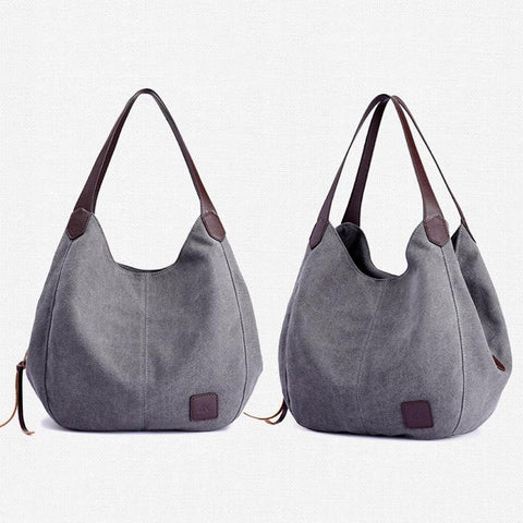 1 x Womens Casual Canvas Bucket Tote Shoulder Bag Multi Pocket Grey