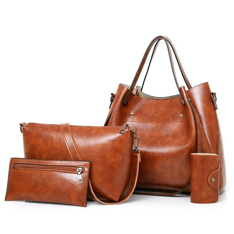 4 Pce PU Leather Tote Shoulder Crossbody Clutch Bag Handbag Card Holder Brown