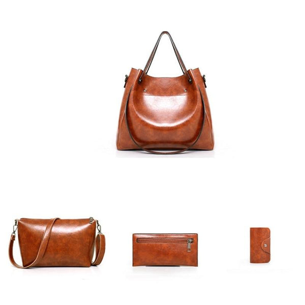4 Pce PU Leather Tote Shoulder Crossbody Clutch Bag Handbag Card Holder Brown