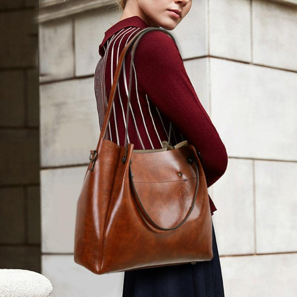 4 Pce PU Leather Tote Shoulder Crossbody Clutch Bag Handbag Card Holder Brown