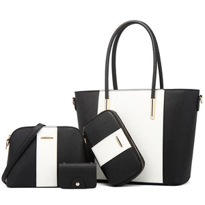 4 Pce Faux PU Leather Tote Shoulder Crossbody Clutch Bag Card Holder Black White