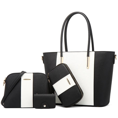 4 Pce Faux PU Leather Tote Shoulder Crossbody Clutch Bag Card Holder Black White