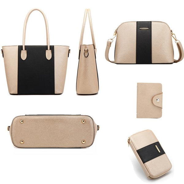 4 Pce Faux PU Leather Tote Shoulder Crossbody Clutch Bag Card Holder Black White