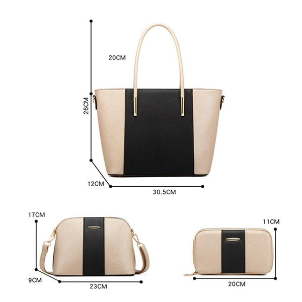 4 Pce Faux PU Leather Tote Shoulder Crossbody Clutch Bag Card Holder Black White