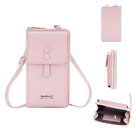Faux PU Leather Crossbody Shoulder Phone Bag Multi Card Slots Pink