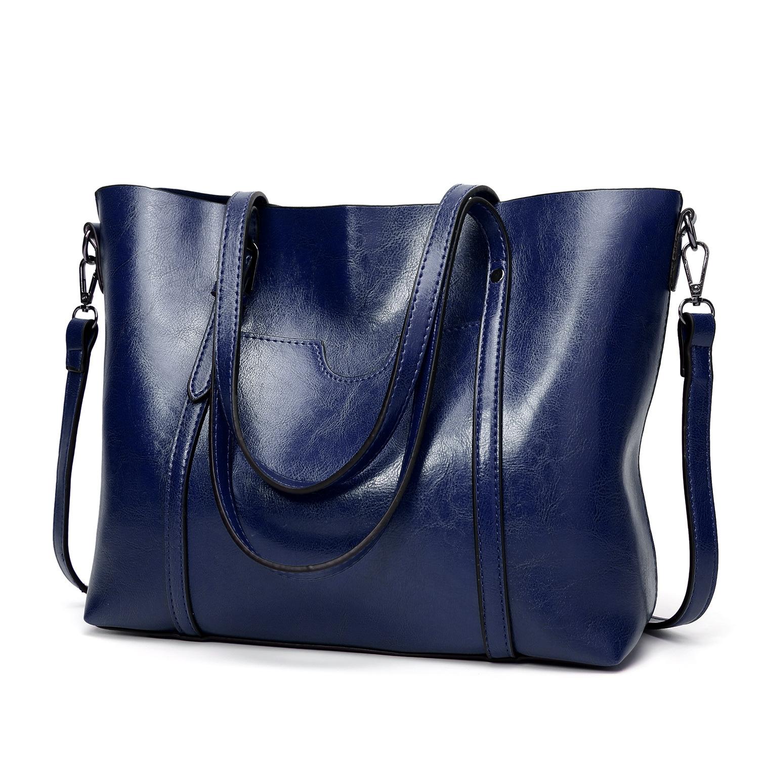 Wax Finish Faux PU Leather Tote Shoulder Bag Handbag Buckle Detail Navy Blue