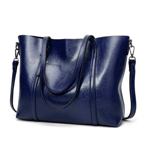 Wax Finish Faux PU Leather Tote Shoulder Bag Handbag Buckle Detail Navy Blue