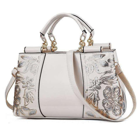 Patent Look PVC Shoulder Bag Handbag Floral Sequin Pattern Metal Accents Rice White
