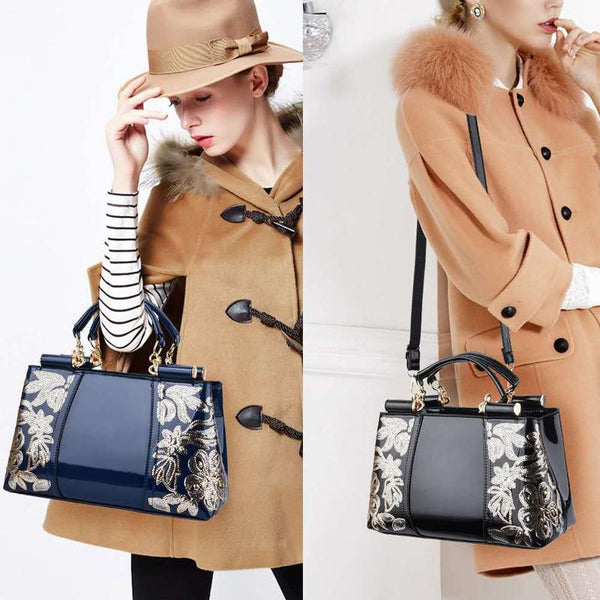 Patent Look PVC Shoulder Bag Handbag Floral Sequin Pattern Metal Accents Rice White