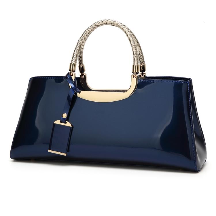 Patent PU Leather Womens Handbag Metal Rope Look Handles Gold Trim Blue