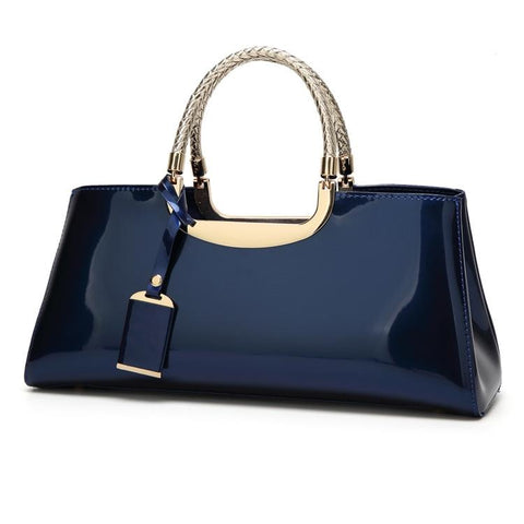 Patent PU Leather Womens Handbag Metal Rope Look Handles Gold Trim Blue