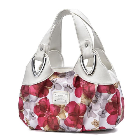 Faux PU Leather Slouchy Bucket Bag Handbag Multi Pocket White Handle Red Floral