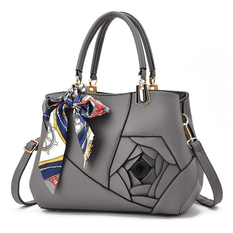 Faux PU Leather 3D Rose Design Tote Shoulder Bag Handbag Scarf Trim Dark Grey