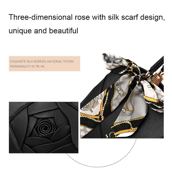 Faux PU Leather 3D Rose Design Tote Shoulder Bag Handbag Scarf Trim Dark Grey