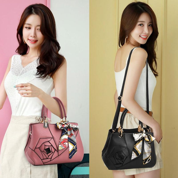 Faux PU Leather 3D Rose Design Tote Shoulder Bag Handbag Scarf Trim Dark Grey