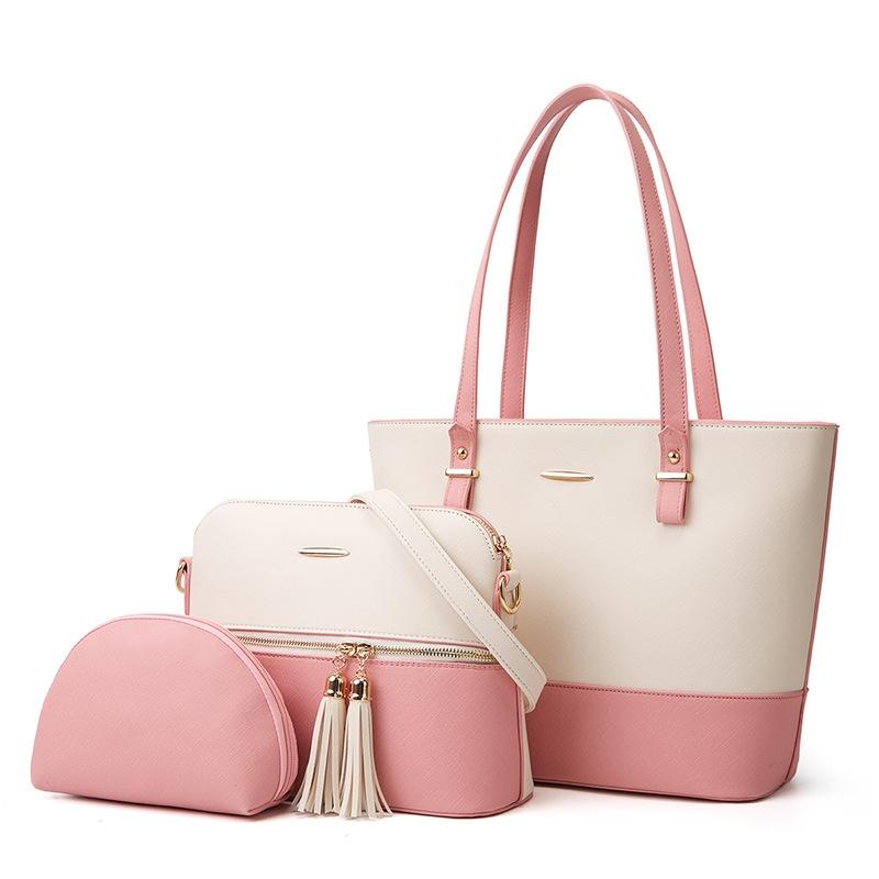 3Pce Faux PU Leather Tote Crossbody Shoulder Bag Handbag Coin Purse White Pink