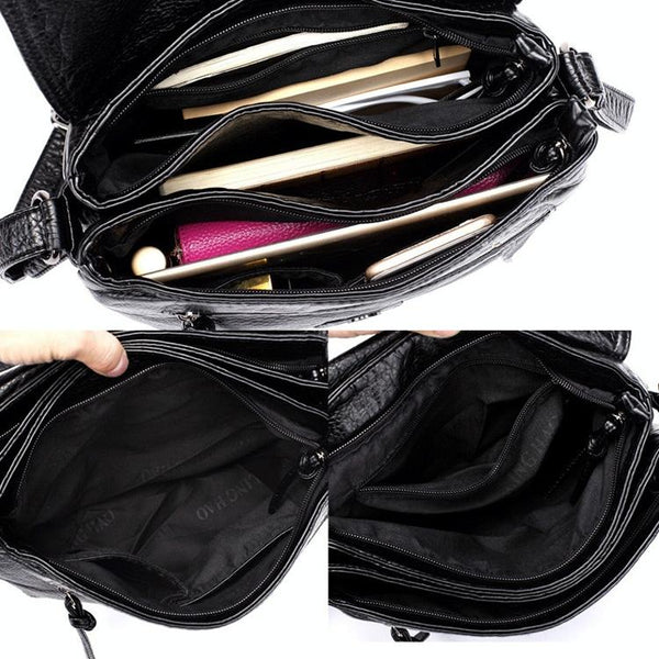 Washed Look Faux PU Leather Messenger Style Bag Handbag Multi Pocket Red