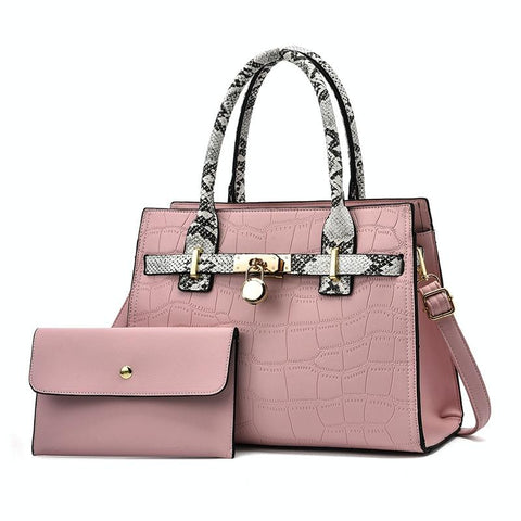 2 Pce Faux Crocodile PU Leather Tote Shoulder Clutch Bag Handbag Pink