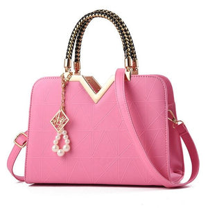 Faux PU Leather Crossbody Shoulder Bag Handbag V Top Faux Pearl Charm Pink
