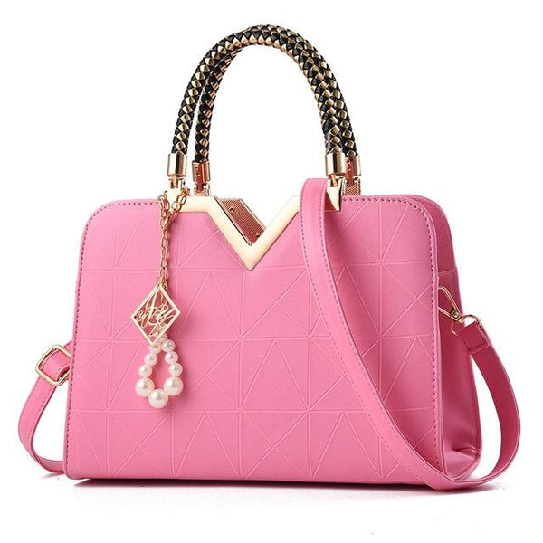 Faux PU Leather Crossbody Shoulder Bag Handbag V Top Faux Pearl Charm Pink