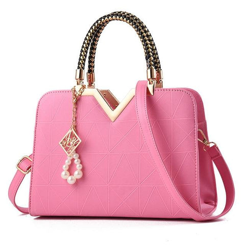Faux PU Leather Crossbody Shoulder Bag Handbag V Top Faux Pearl Charm Pink