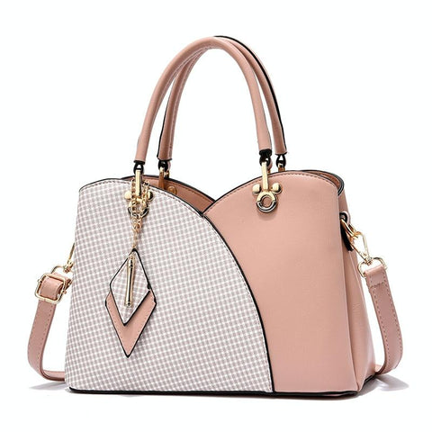 Faux PU Leather Tulip Top Checked Bucket Shoulder Bag Handbag Pink