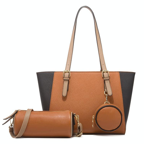 3 Pce Faux PU Leather Tote Shoulder Crossbody Bag Coin Purse Brown