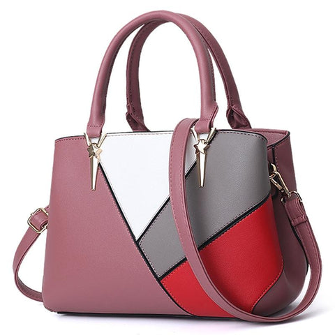 Womens Colourblock Faux PU Leather Tote Shoulder Bag Handbag Pink