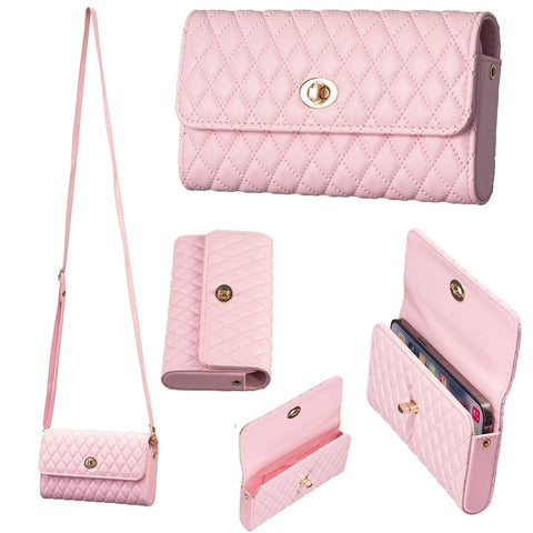 Faux PU Leather Quilted Crossbody Shoulder Clutch Bag Mobile Pink