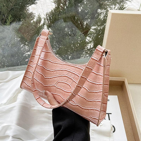 Small Square Stone Pattern PU Leather Underarm Shoulder Bag Handbag Pink