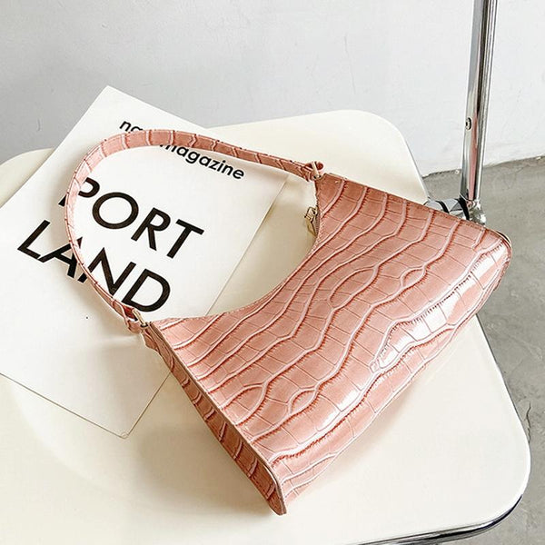 Small Square Stone Pattern PU Leather Underarm Shoulder Bag Handbag Pink