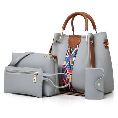 4 Piece PU Leather Tote Shoulder Clutch Bag Handbag Wallet Purse Set Grey