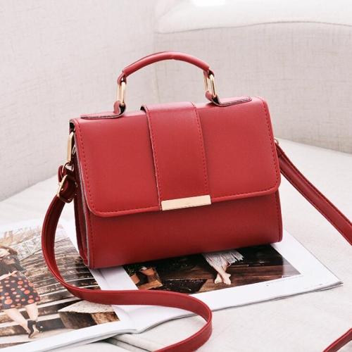 Faux PU Leather Top Handle Flap Shoulder Bag Handbag Gold Accents Red