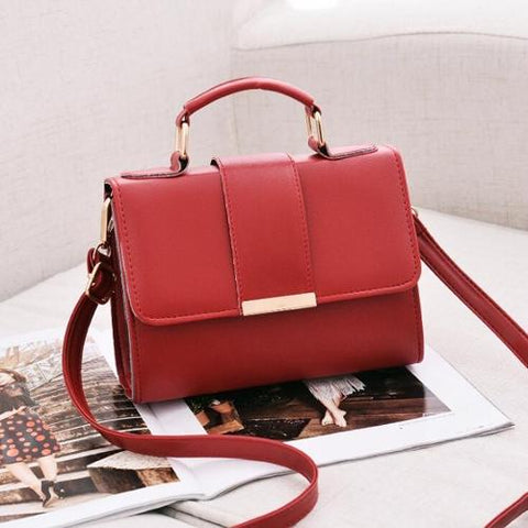 Faux PU Leather Top Handle Flap Shoulder Bag Handbag Gold Accents Red