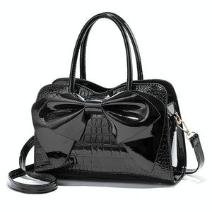 Faux Patent Crocodile PU Leather Womens Shoulder Bag Handbag Bow Design Black