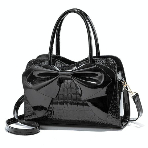 Faux Patent Crocodile PU Leather Womens Shoulder Bag Handbag Bow Design Black