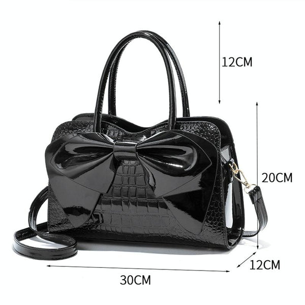 Faux Patent Crocodile PU Leather Womens Shoulder Bag Handbag Bow Design Black